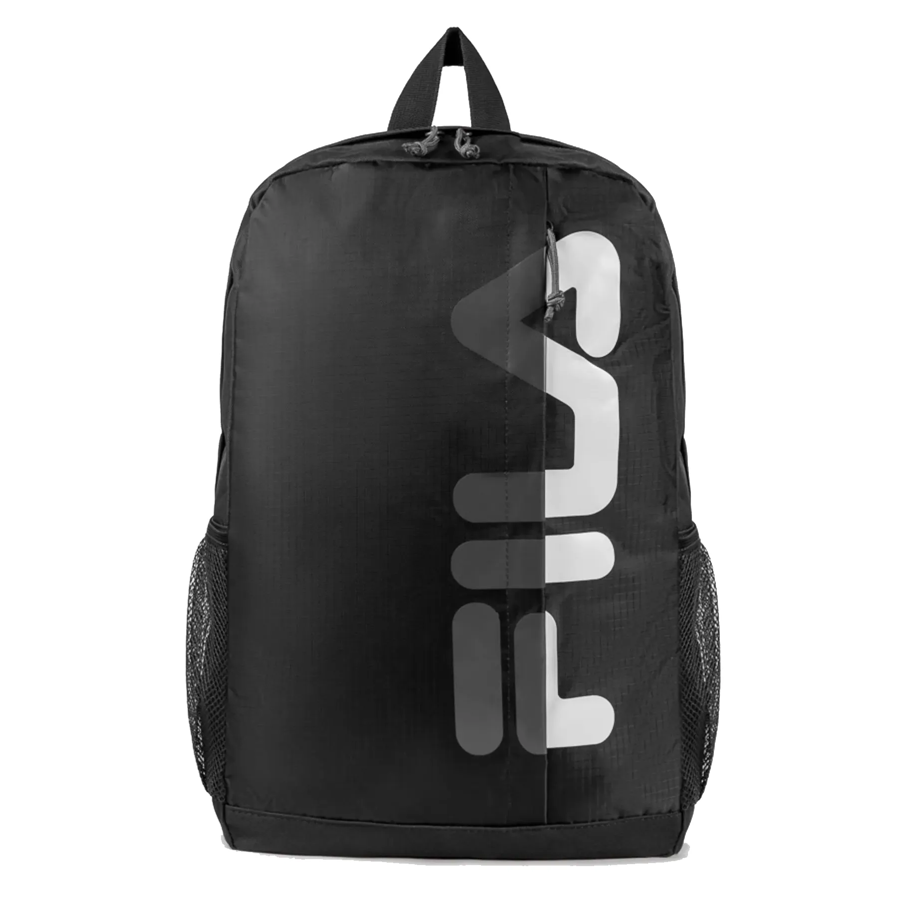Mochila esportiva preta Fila com logo branco em recorte gráfico, bolso frontal com zíper e lateral em malha